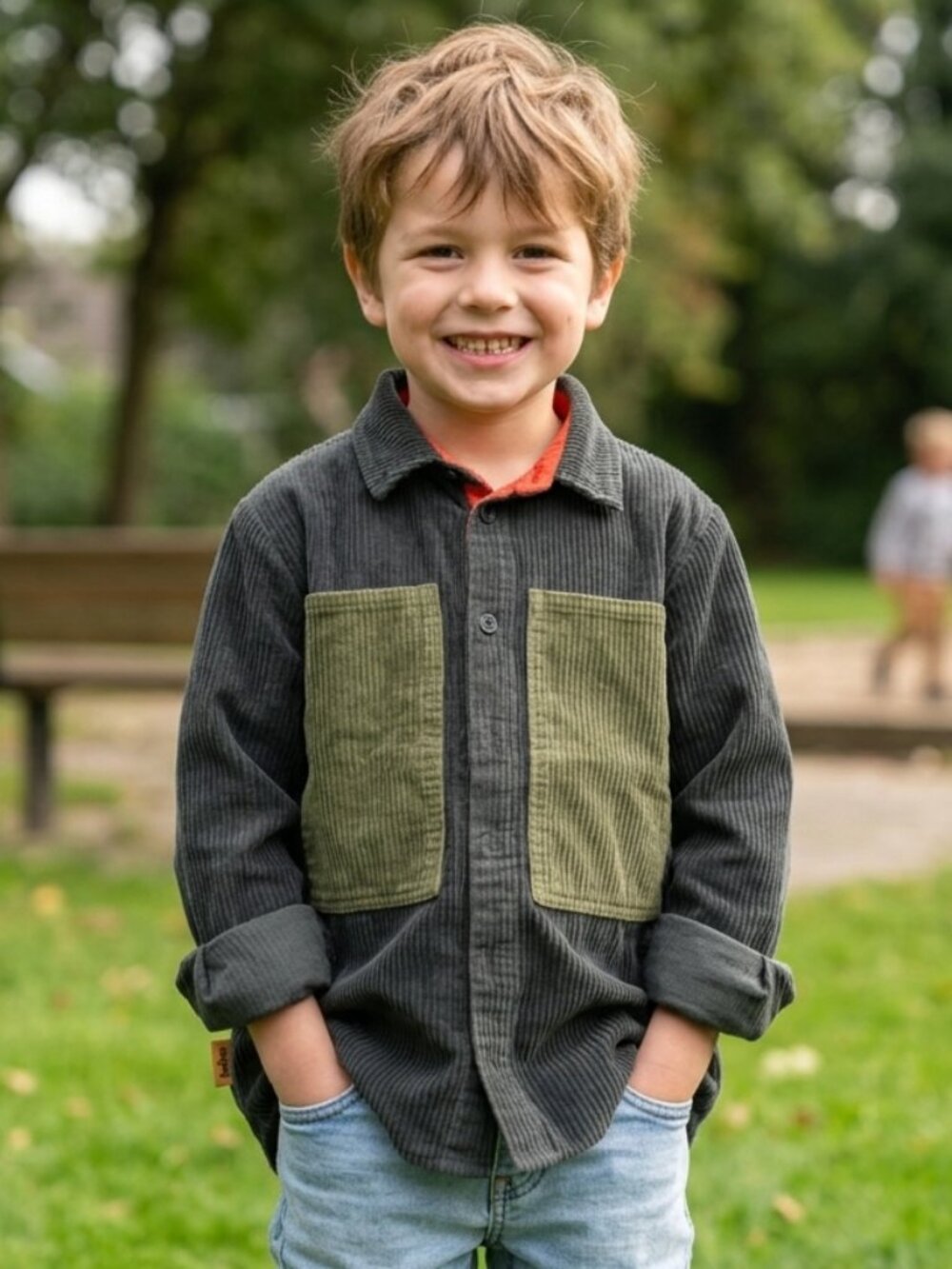 Hebe Boys Shirt Green Corduroy Collared Long Sleeves Colorblock 100% Cotton 6